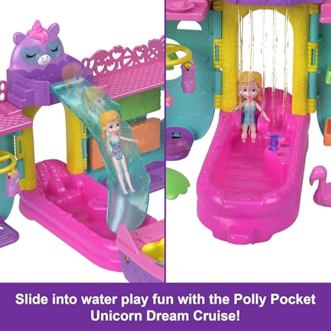 Polly Pocket Portable Boat Playset with Water Play & Color-Change Accessories, Unicorn Dream Cruise Includes 1 Doll & 23 Total Pieces