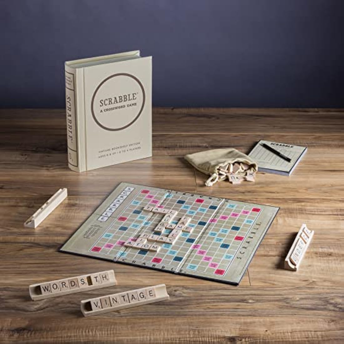 WS Game Company Scrabble Linen Vintage Bookshelf Edition - Wooden Tiles, Vintage 1948 Game Board, Ages 8+ - For 2 to 4 Players