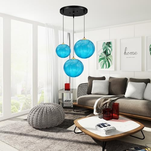 GCQ 3 in 1 Large Glass Pendant Light Fixtures, Blue E26 E27 GlassChandelier Mid Century Modern Chandelier Ribbed Blown Glass Globe Shade Hanging Light Ceiling for Living Room Restaurant Bar