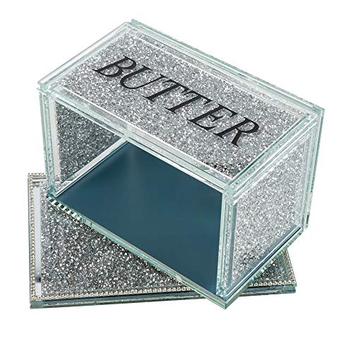 London Boutique Crystal Large Butter Dish Sparkle Crushed Diamond Filled Silver Metal Frame
