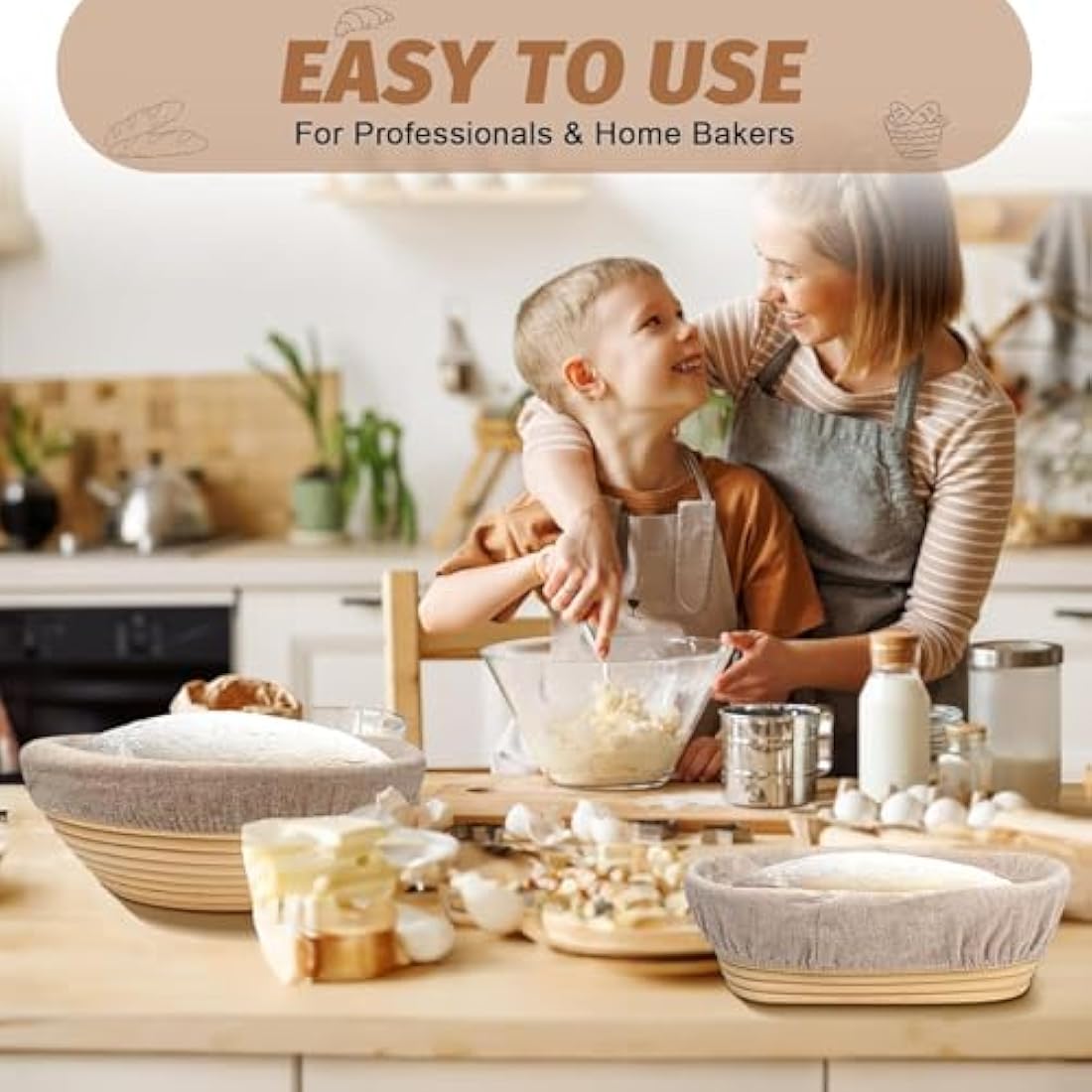 Banneton Bread Proofing Basket Set, 9 Inch Round & 10 Inch Oval Sourdough Proving Basket, 100% Natural Rattan, Sourdough Bread Making Kit with Cloth Liner, Bread Lame, Dough Whisk, Scrapers & Brush