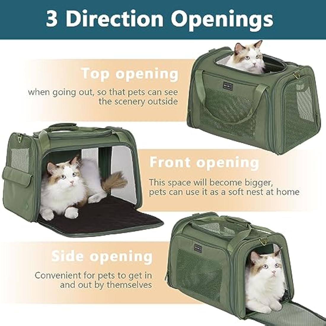Petsfit Dog Carrier Soft Sided Travel Carrier, Large Pet Carriers with Quadrangle Oxford Fabric and Ventilation Mesh，Portable Dog Bag with Expandable mat and Upgraded Large Space, Olive Green