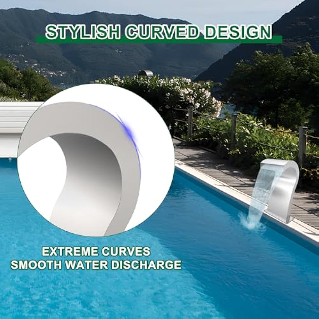 LONGRUNNEW Waterfall Spillway Stainless Steel Pool Fountain Curved with Accessories, Pond Waterfalls S-Shaped Outdoor Water Spillway Fountains Kit for Garden Patio Swimming Pool Decoration-52cm Height