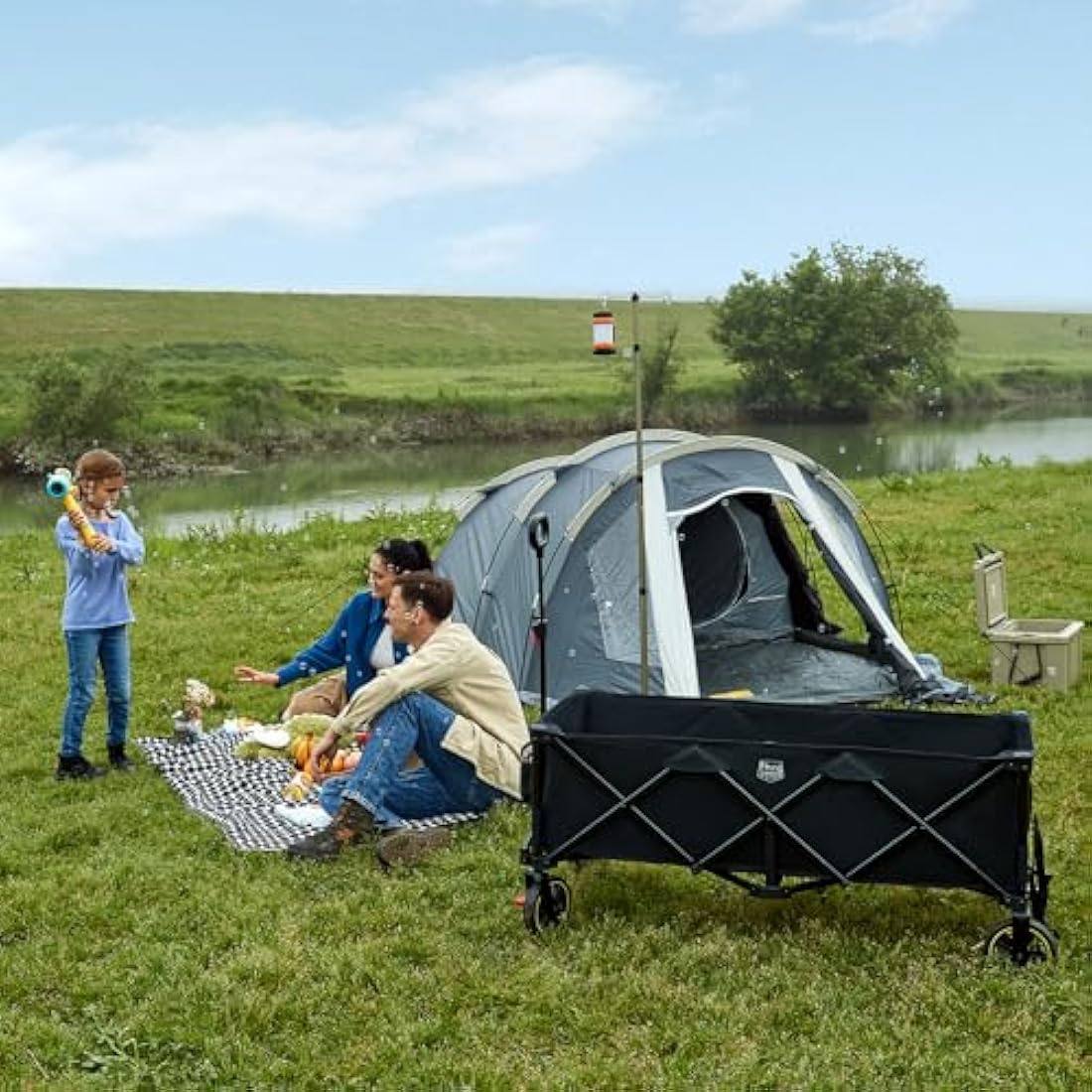TIMBER RIDGE Extended Festival Trolley with Brakes & Cargo Net, 300L Large Collapsible Folding Wagon with Adjustable Handle & Cup Holder, 160kg Heavy Duty Cart for Camping Shopping Hiking, Black