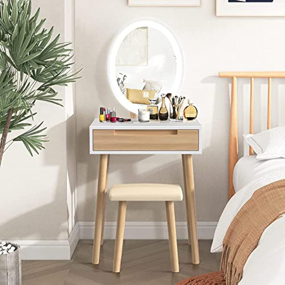 YOURLITE Makeup Vanity Dressing Table Mirror Cosmetic Vanity Dressing Cabinet with Stool Dresser with LED Mirror, Wood Color, 1 Drawer