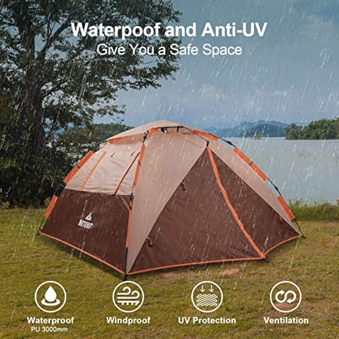 BETENST Camping Tent, Pop up Tent 3 Person Family Dome Tent Waterproof Windproof with 2 Mesh Doors, 2 Mesh Windows, Roof Skylights, 2 in 1 Double Layers, Storage Bag for Camping Hiking Backpacking