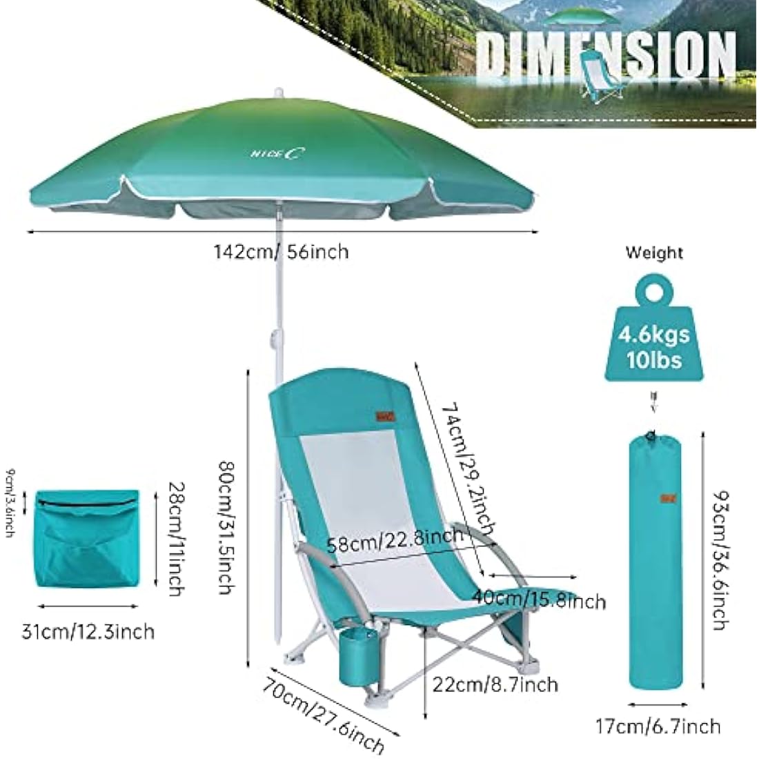 Nice C Beach Chair, Camping chair, Beach Chairs for Adults, with UPF 50 Umbrella and Cooler Bag, High Back, Cup Holder,Carry Bag,Heavy Duty, Outdoor(2 pack blue)