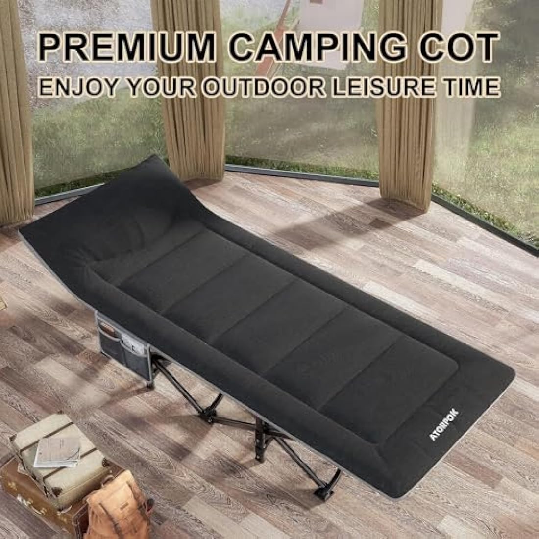 ATORPOK SHOP Camp Beds for Adults with Cushion and Pillow, Comfortable Travel Camping Cot for Sleeping, Portable Tent cot with Carry Bag Supports 450 lbs (Black)