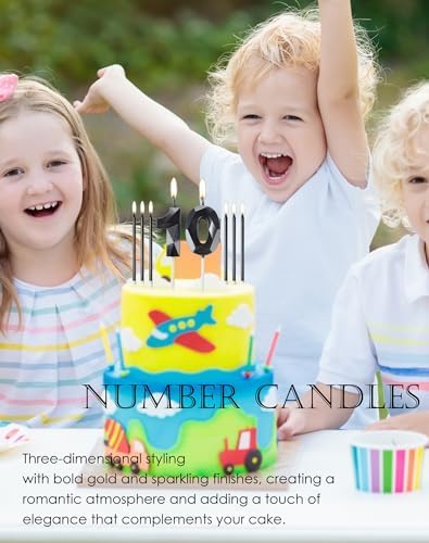 Black 10th Birthday Candles Set, Number 10 Candle with Black Gold Long Candles, Birthday Candles for Cake, Birthday Candle, Cake Candles Cake Topper Decorations for Birthday Party Wedding Anniversary