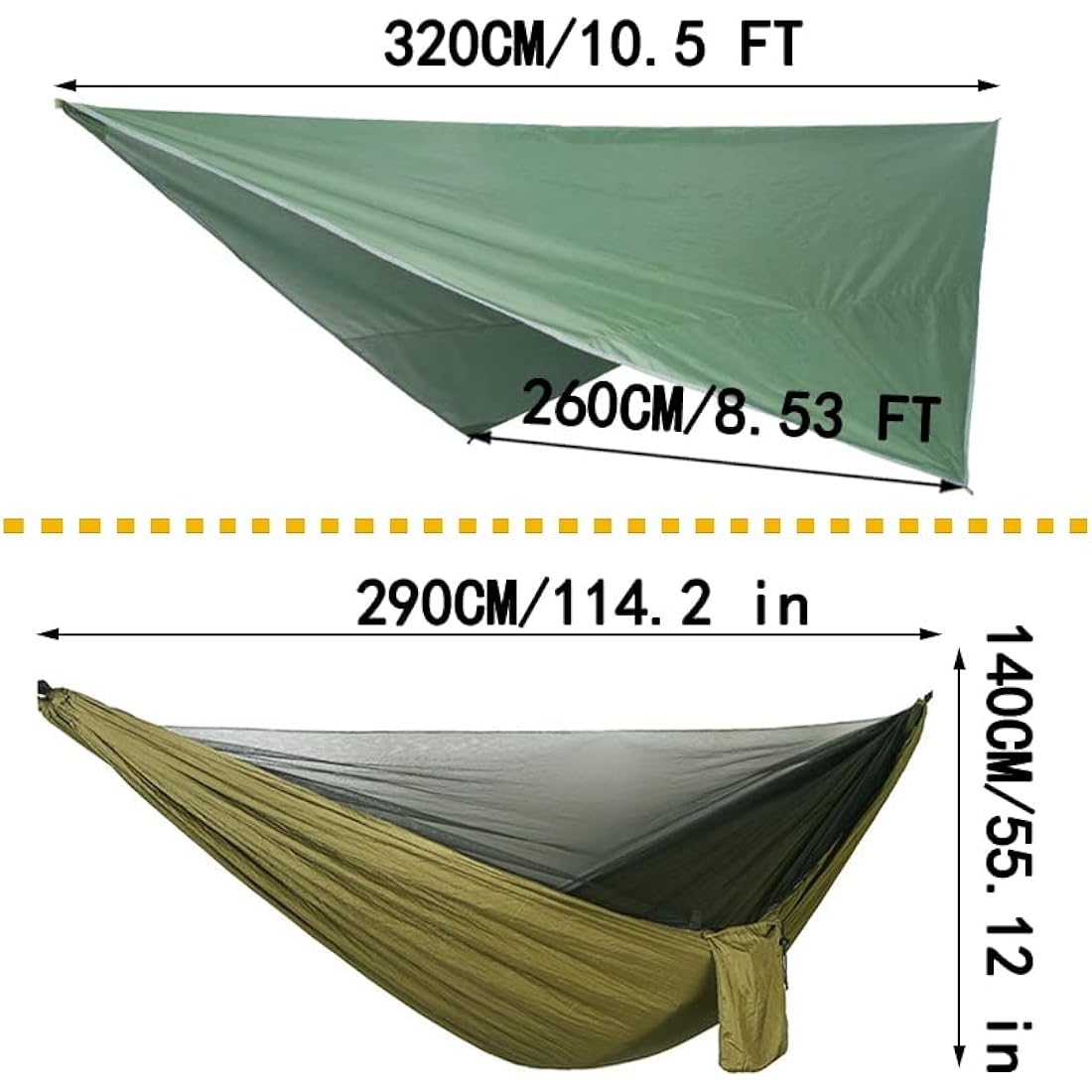 Camping Hammock Set, Single Double Hammock, Mosquito Net, Insect Net, Rainfly, High Strength Parachute Cloth Hammock. Suitable for outdoor, hiking, camping, travel Army Green