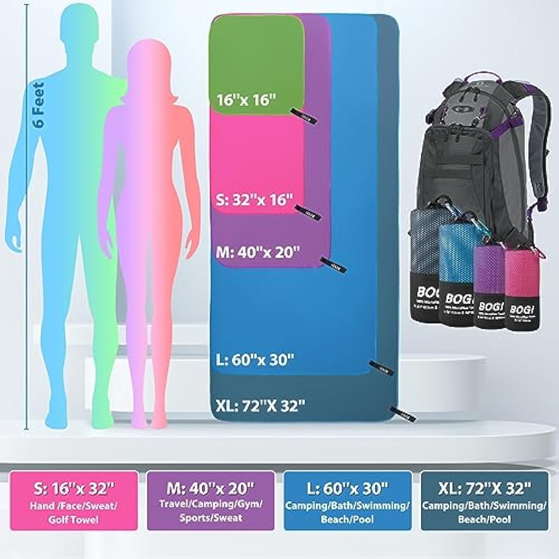 BOGI Microfibre Travel Towel, Quick Dry & Super Absorbent, Soft Lightweight Gym Towel for Beach Sports, Swimming, Yoga, Camping & Hiking