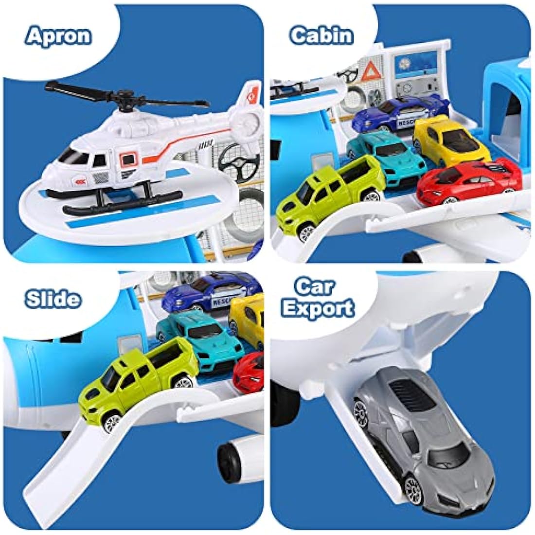 kramow Toy Cars for 3 Year Old Boys, Car Toys Set, Aeroplane Toys, Transport Airplane with 7 Sports Cars, 1 Off-Road Car, 1 Helicopter, Cargo Plane Toy Gifts for Kids Boys Girls age 3 4 5 6