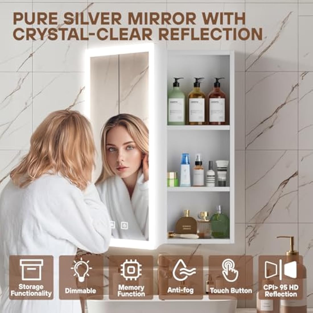Tianqinuk Bathroom Mirror Cabinets Wall Mounted - Dimmable Mirror Cabinet with LED Lights - Bathroom Cabinets with Anti Fog Memory Function - Adjustable Shelves, Touch Sensor, Concealed Storage