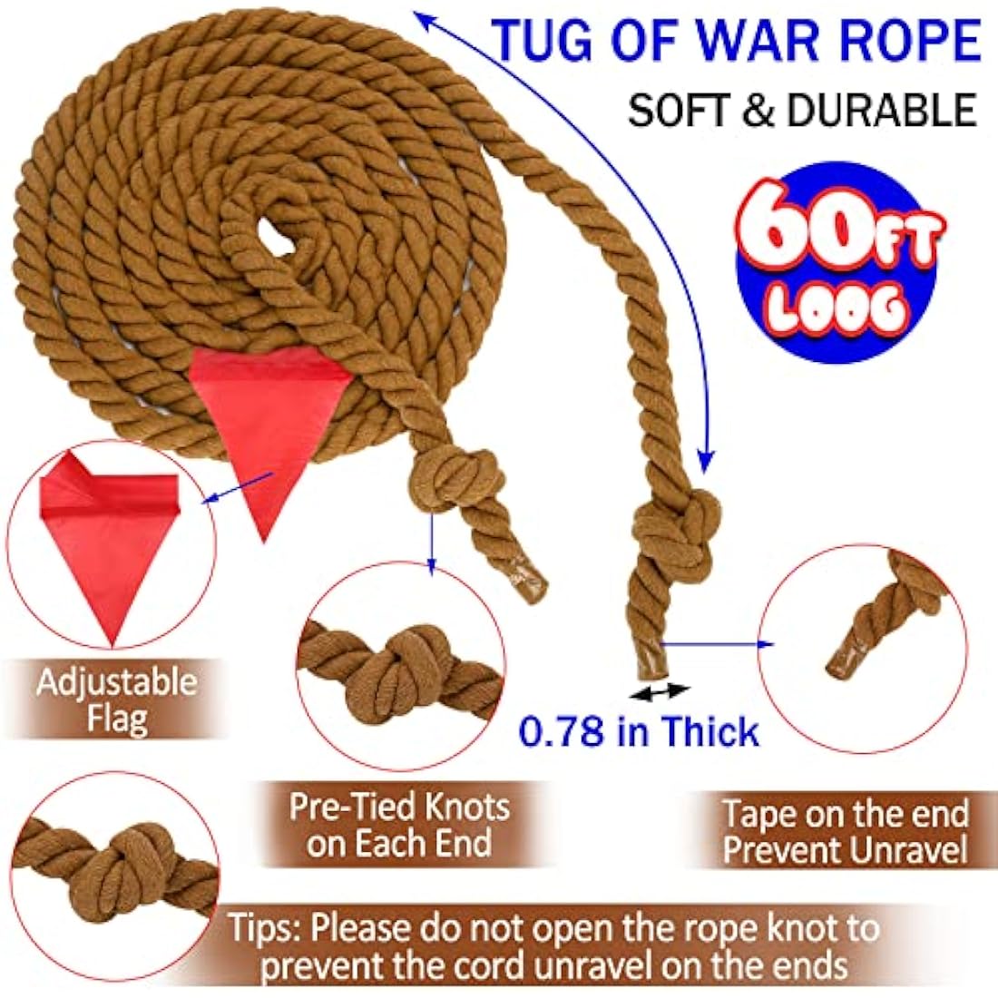 WYRJXYB Field Day Tug a War Rope Games 18M for Kids and Adult, Outdoor Outside Activities Carnival Easter Games for Kids Family Reunion Birthday Party Picnic Yard Fun Games, Summer Camping Game,Brown