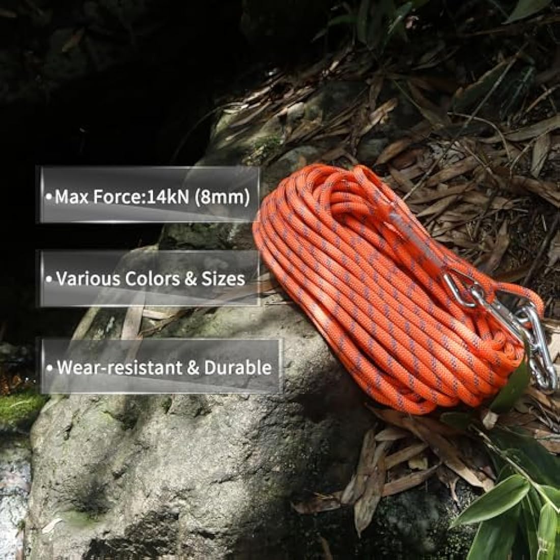 NewDoar 14KN Static Climbing Rope 8mm Accessory Cord Equipment 33FT(10M) 66FT(20M) 98FT(30M) 165FT(50M) Escape Rope with 2 Carabiners for Ice Climbing Fire Rescue Rope Safety Rope