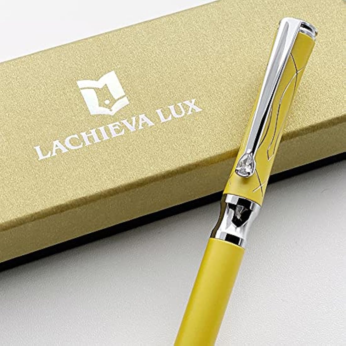 LACHIEVA LUX Nice Elegant Crystal Executive Metal Ballpoint Pen with Germany Schmidt P900M Refills (Black and Blue 2 Refills)-Yellow