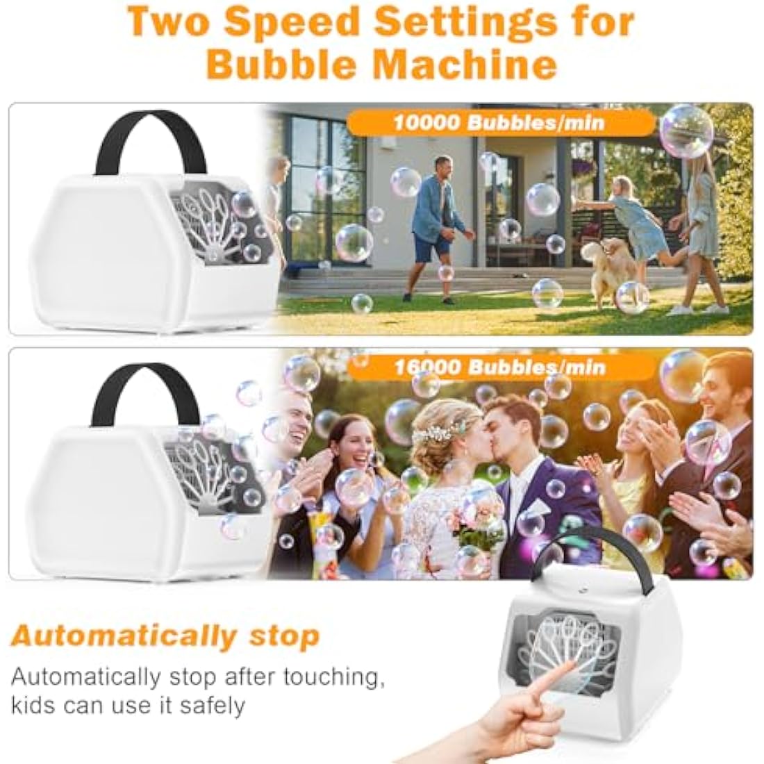 Bubble Machine, Bubble Machine for Kids 16000+ Bubbles/Min with 2 Speeds Portable Bubble Maker, Electric Bubble Blower for Kids Parties, Birthday, Wedding Scene, Camping, Powered by USB or Batteries