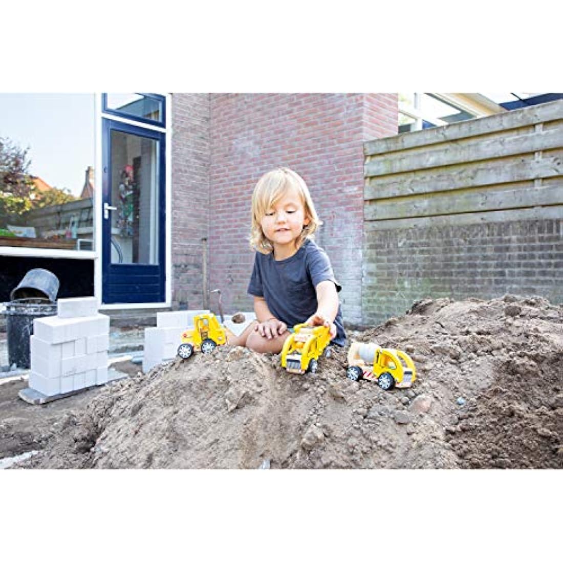 New Classic Toys 11948 Wooden Construction Vehicles Set for Toddlers First Cars for One Year Old, Yellow