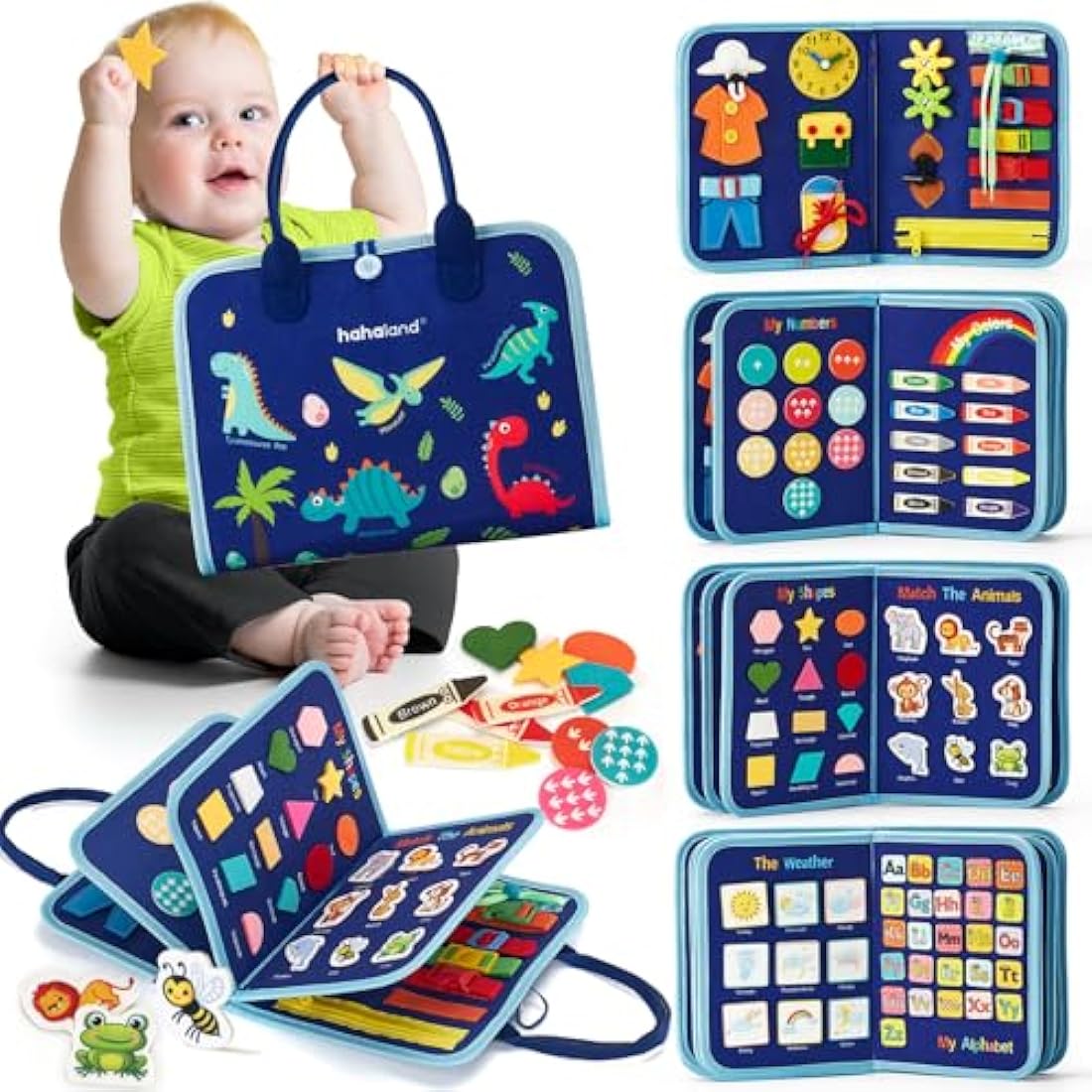 hahaland Montessori Busy Board for Children of 3+ Years Old, Activity Sensory Book Offers Preschool Educational Skill Learning, Quiet Travel Toys for Plane Car, Birthday Gifts for Boys- Blue Dinosaur