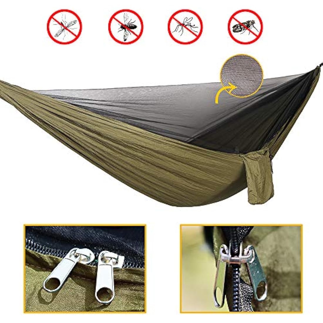Camping Hammock Set, Single Double Hammock, Mosquito Net, Insect Net, Rainfly, High Strength Parachute Cloth Hammock. Suitable for outdoor, hiking, camping, travel Army Green