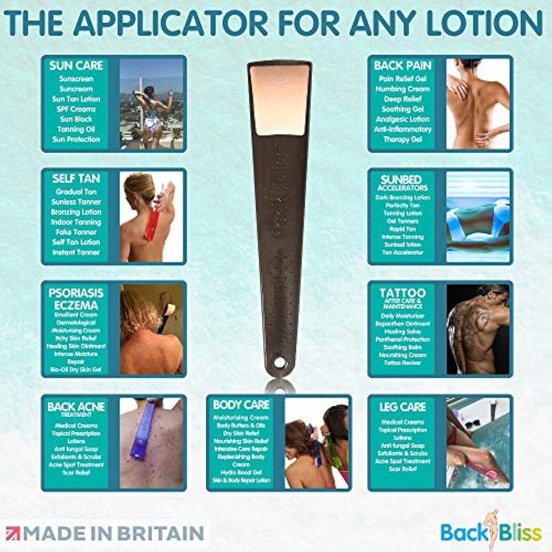 British Made Back Lotion Applicator and Back Scratcher Set - Back Bliss Solution for Hard to Reach Backs - Clear & Black Interchangeable Handles