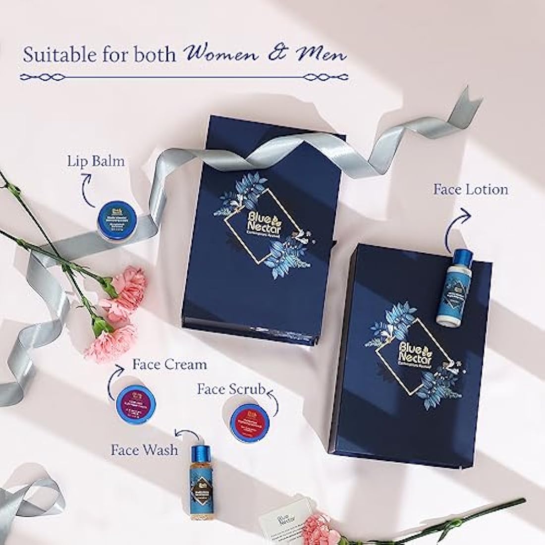 Blue Nectar Naturally Beautiful Face Gift Set for Women & Men | Face Cream, Face Scrub, Face Wash, Lip Balm & Green Tea Face lotion | Pack of 5 | Perfect Anniversary & Birthday Gift