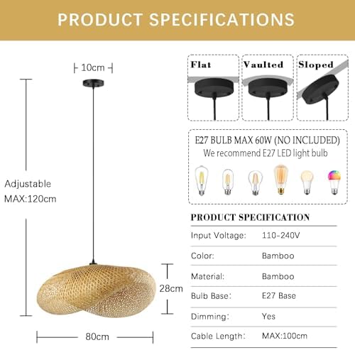 Schindora Retro Rattan Lampshade,80Cm Pendant Light Handwoven Hat Pendant Lighting Ceiling Creativity Boho Lampshade for Restaurant Tea Room Bedroom Living Room Cafe,E27