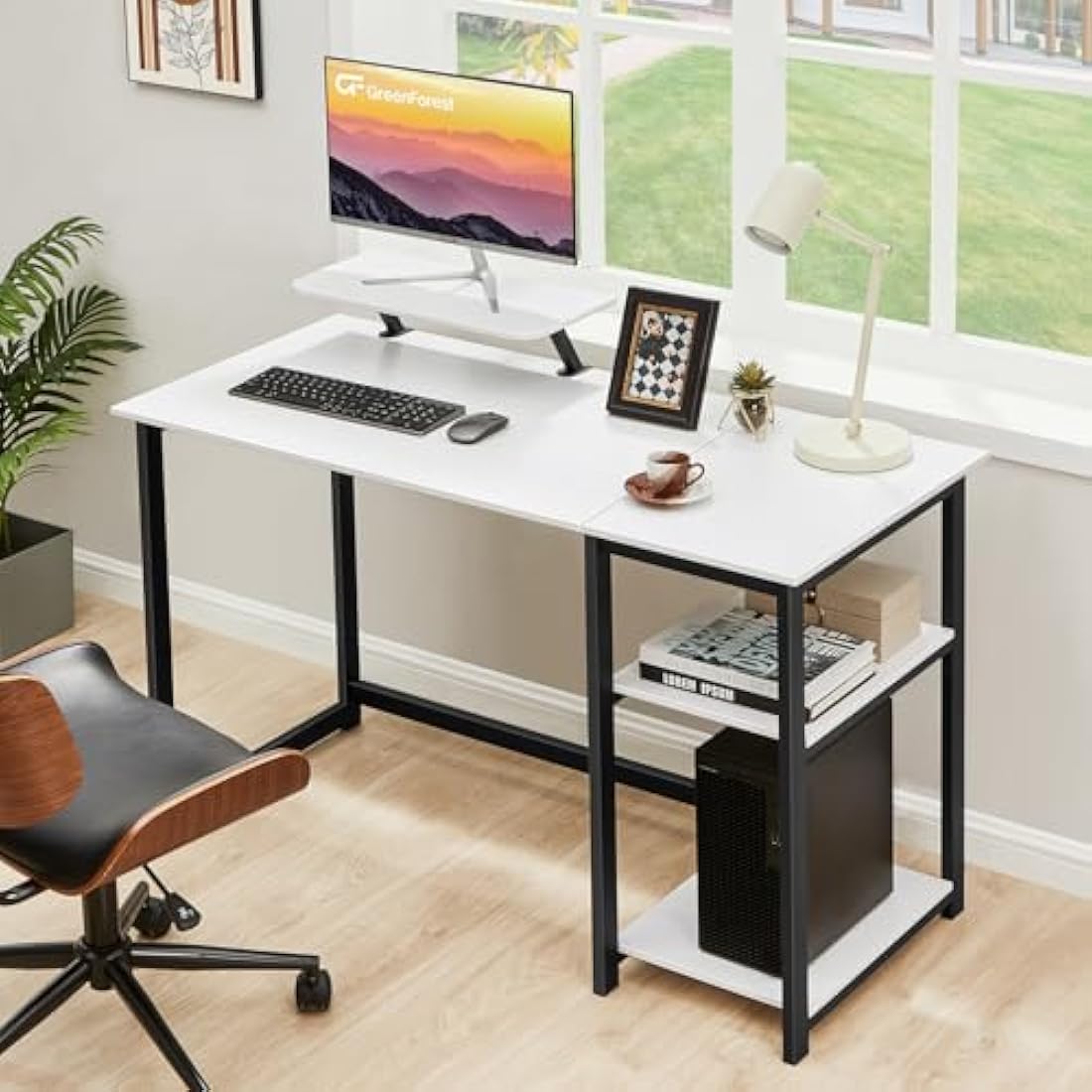 GreenForest Computer Desk with Monitor Stand,100cm Home Office Desk with Reversible Storage Shelves,Study Desk for Small Spaces,White