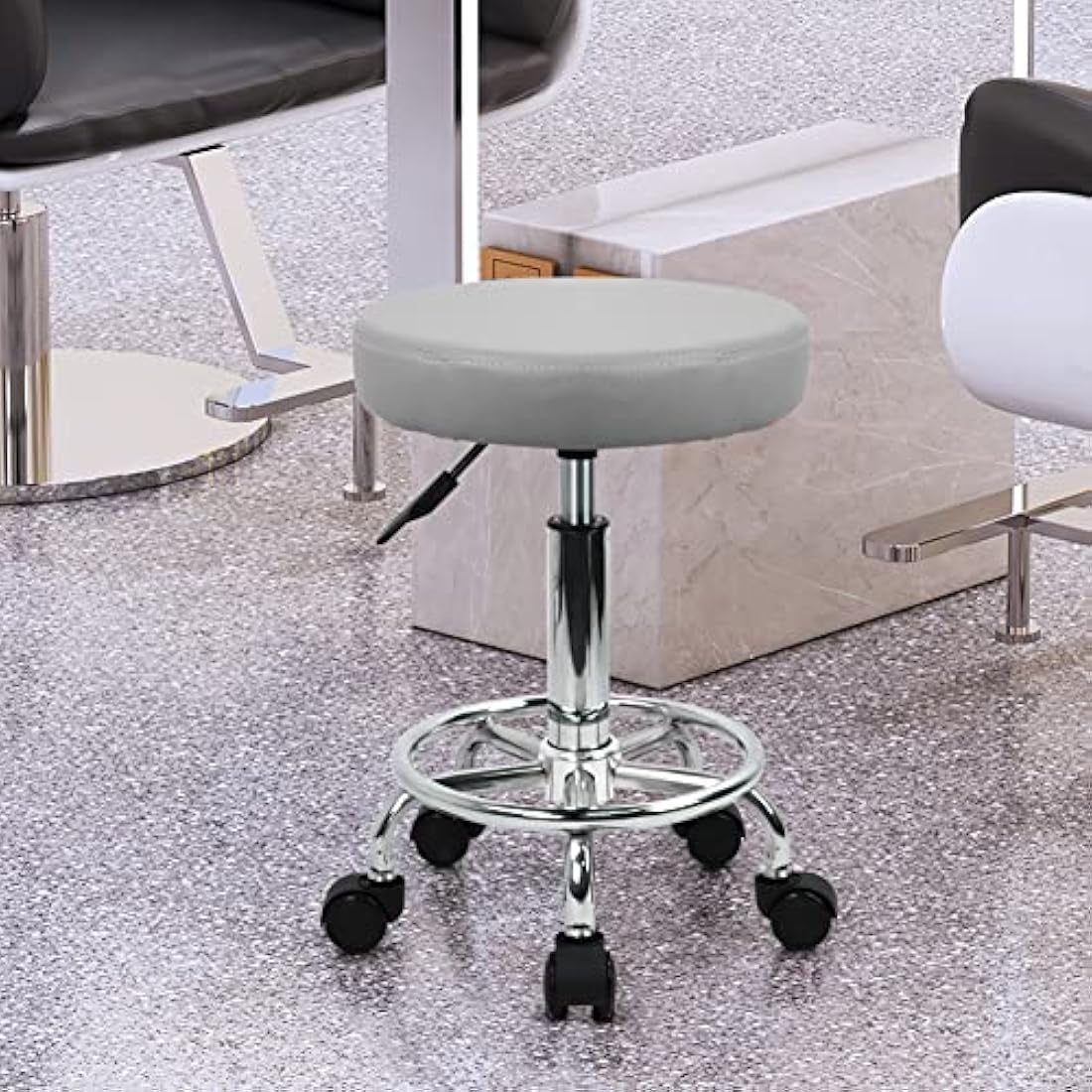 KKTONER PU Leather Round Rolling Stool with Foot Rest Swivel Height Adjustment Spa Drafting Salon Tattoo Work Office Massage Stools Task Chair Small (Gray)