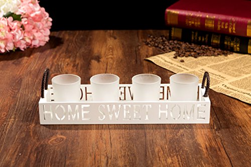London Boutique Tea Light Candle Holder Set 4 Home Sweet Home with White Wooden Tray in Gift Box (Home Sweet Home set 4)