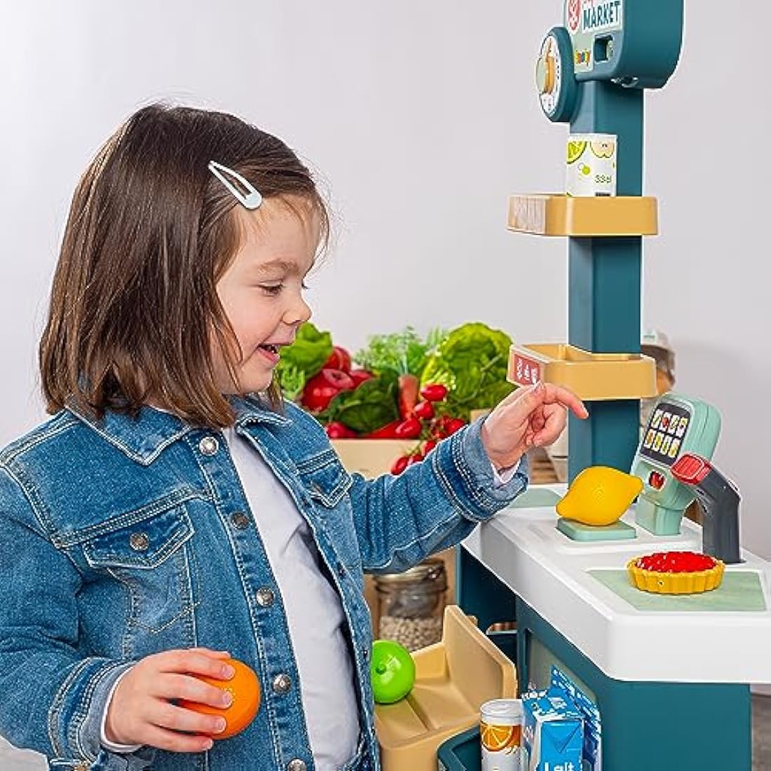 Smoby - Supermarket, Children's Shopping Trolley Included, Mechanical Scale, Electronic Functions and 42 Accessories for a full shopping experience, Suitable for kids aged 3 years and over