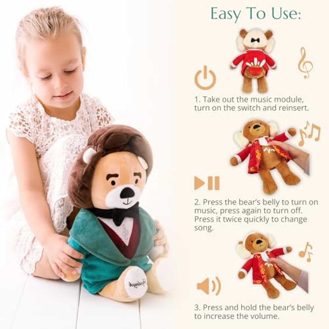 Vosego Chopin Plush Bear – Plays 40 Mins of Classical Music, Educational & Soothing Interactive Teddy Bear for Babies & Toddlers, Ideal