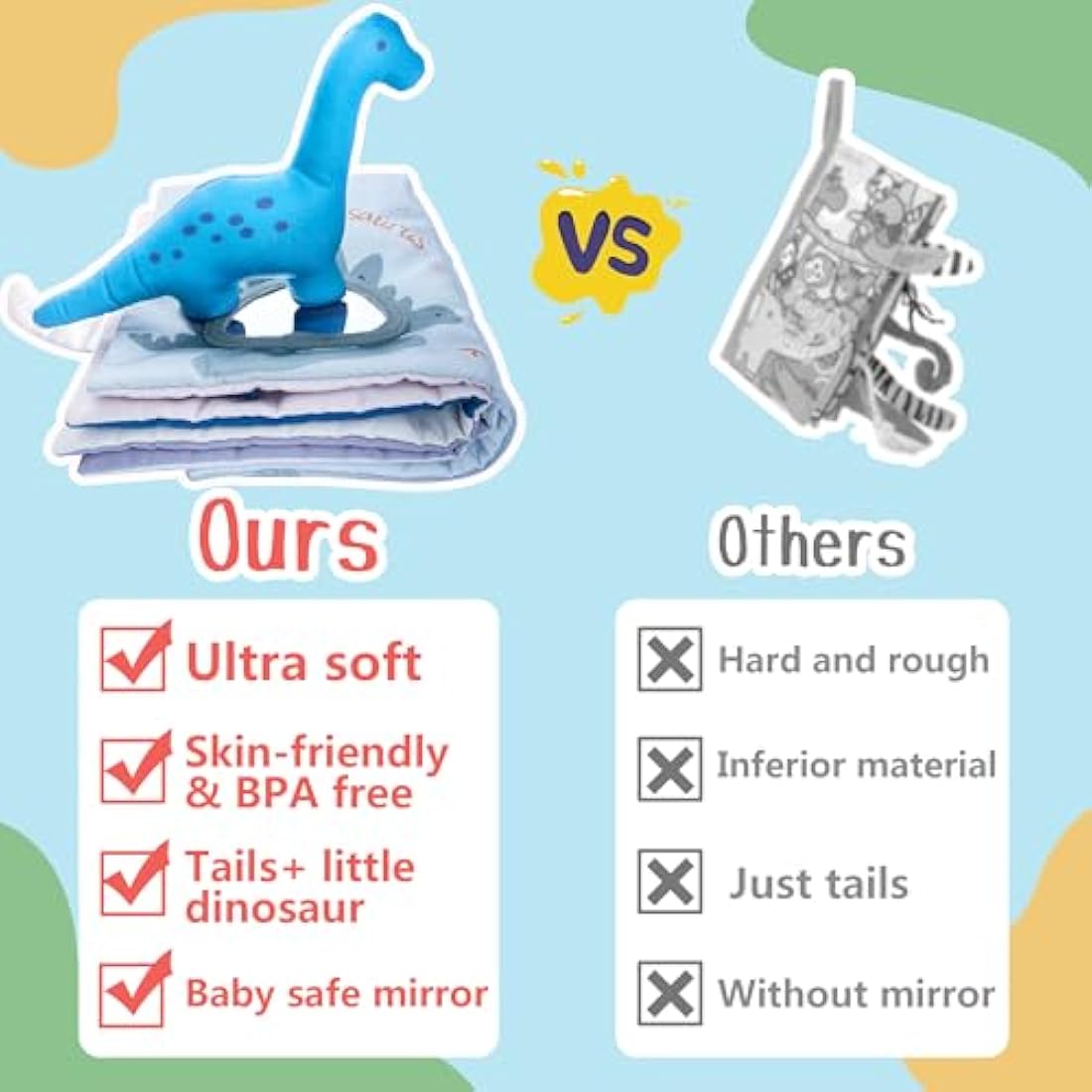 Richgv Soft Baby Books Toys 0-6-12 Months, Sensory Toy for Babies with Mirror, Crinkle Paper, Maze & Little Dinosaur, Early Development Travel Toy, Stroller Hanging Toy, Newborn Baby Toy Gift