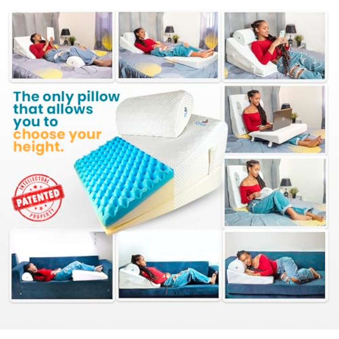 Ritalia® Wedge Cushion with 3 Elevations 60 x 60 x 30 cm, Ideal Anti-Reflux Pillow for Adults, Reading Cushion and Bed Backrest. Made of Memory Foam and Injected Gel