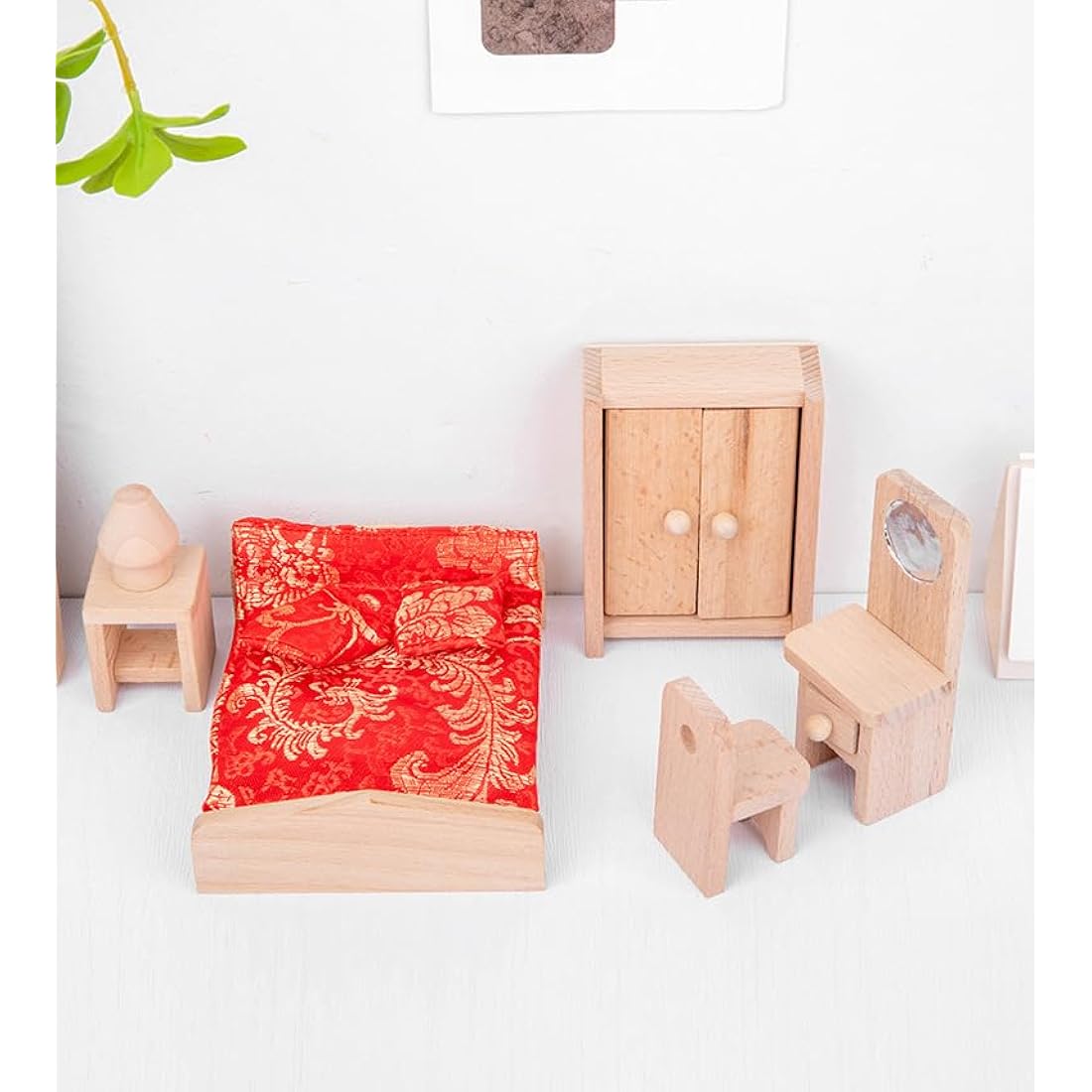 DecoBay Wooden Dolls House Furniture 4 Sets Bedroom, Kitchen, Bathroom and Living Room with 6 Family Dolls