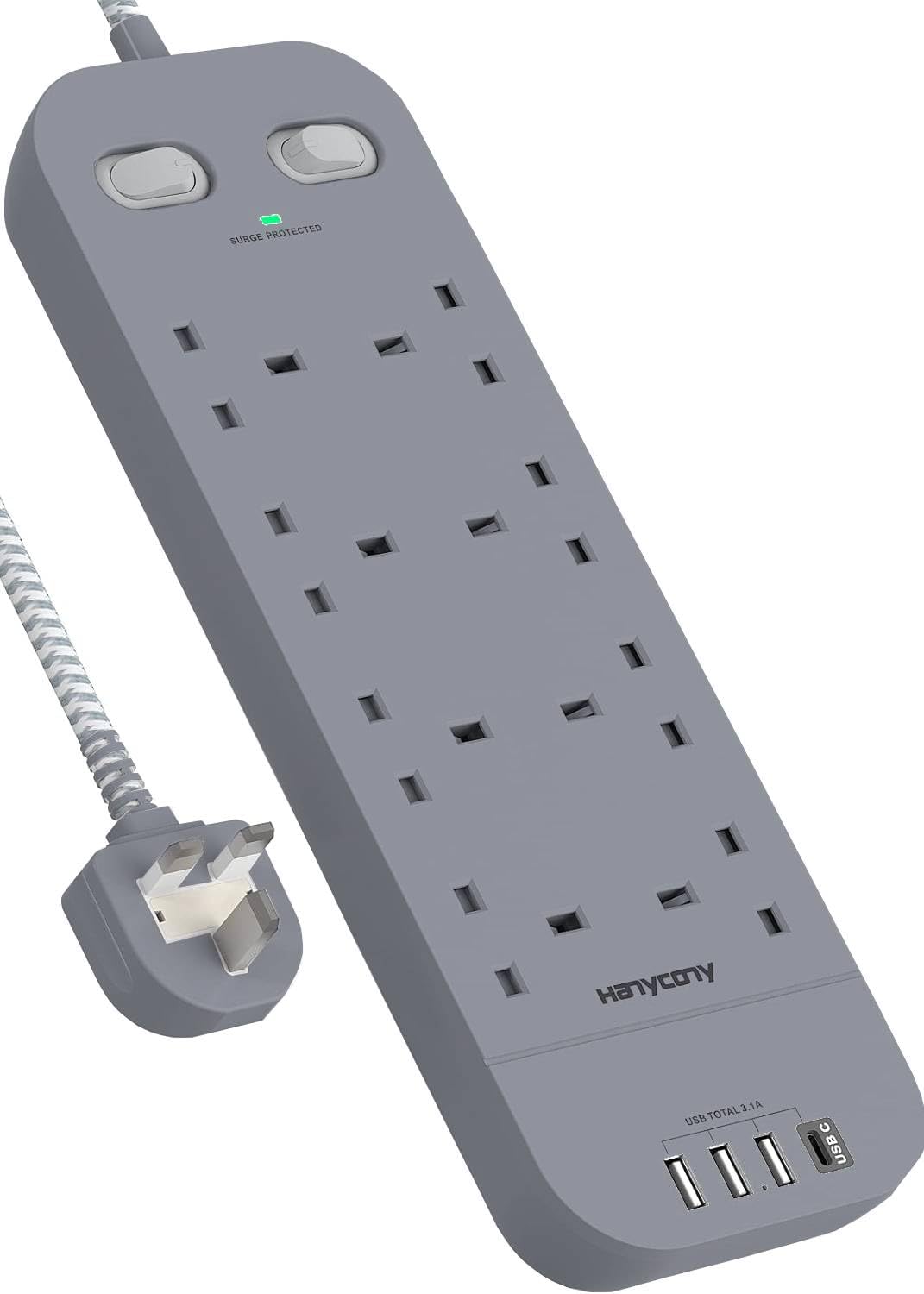 Extension Lead with USB Slots, HANYCONY 8 Way Outlets Power Strip with 4 USB Ports, 1800J Surge Protection Double Switch Plug Extension with 1.8M