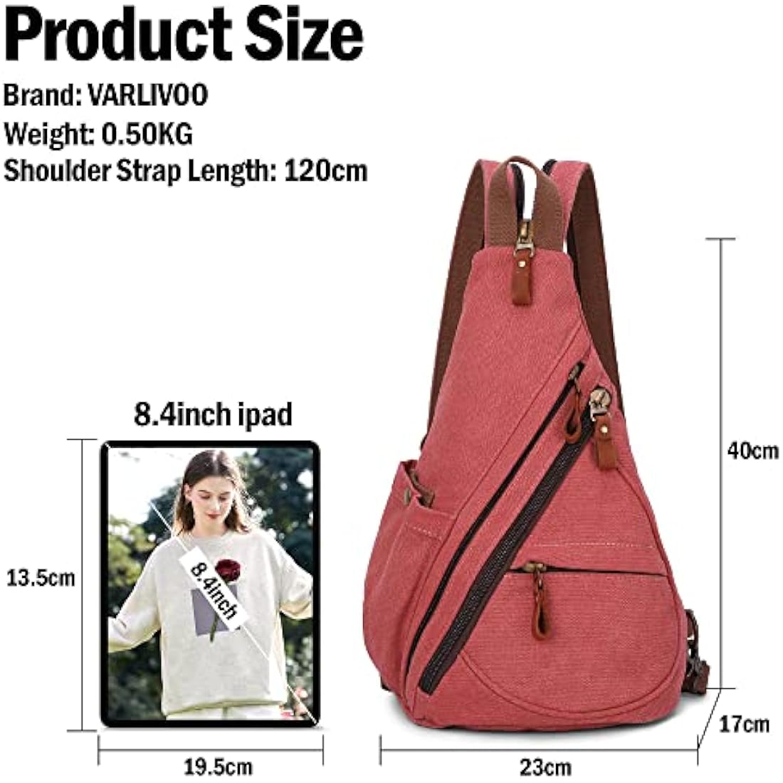 VARLIVOO Men's Sling Bag Chest Bag Women Shoulder Bags Crossbody Bag Travel Hiking Mountaineering Camping Cycling School Canvas Daypack Sling Backpack Rose Red