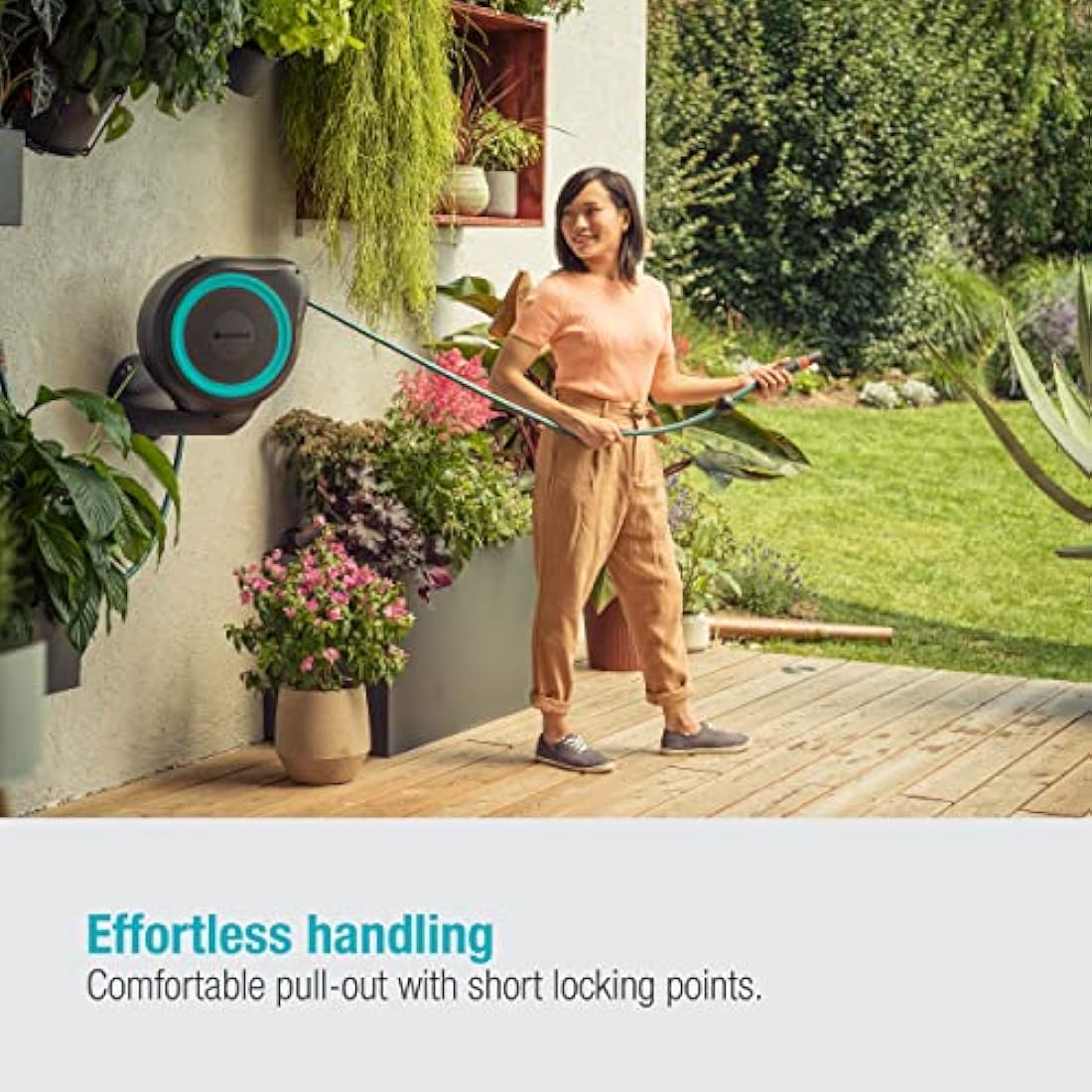 Gardena Wall-Mounted Hose Box Rollup M 20 m: Flexible Watering for Medium-Sized Gardens, Swivel Hose Reel, with Wall Bracket, System Parts and Nozzle, Including 20 m Gardena Hose (18610-20)