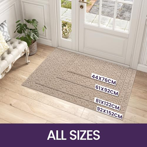 DEXI Door Mats Indoor 92 x 152 cm, Dirt Trapper Doormat with Non Slip Rubber Backing, Thin Washable Front Entrance Mat for Inside, Patio, Porch, Beige
