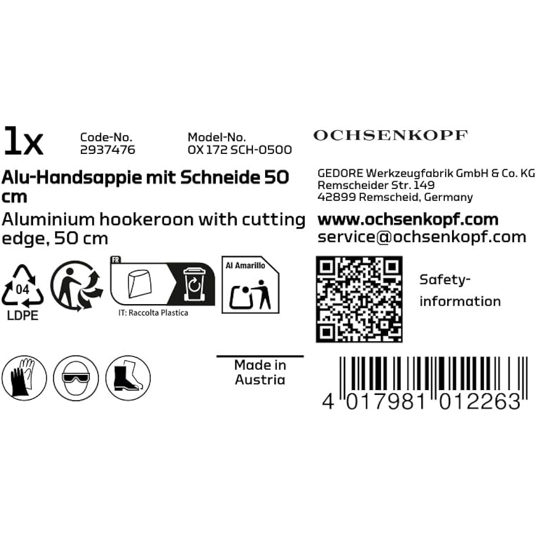OCHSENKOPF Aluminium hand sappie, Handle of aluminium alloy, 500 mm, 560 g, for Wood, Forestry tool, OX 172 SCH-0500