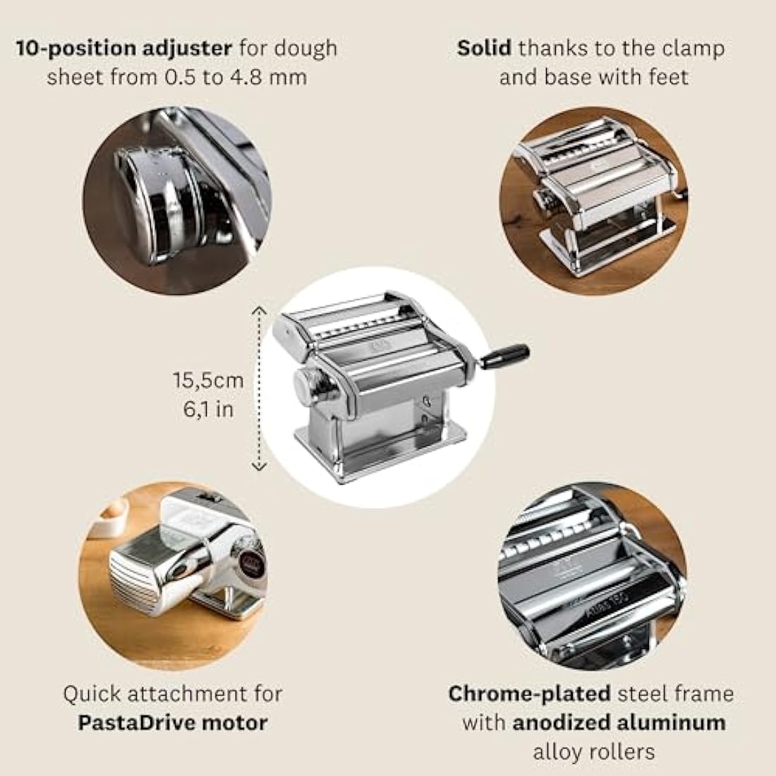 Marcato Pasta Machine, Pasta Maker, Pasta Roller for Handmade Fresh Pasta, Made in Italy, Chromed Steel, for Lasagna, Fettuccine, Tagliolini, Compatible with 12 Extra Pasta Shapes. Model: Atlas 150
