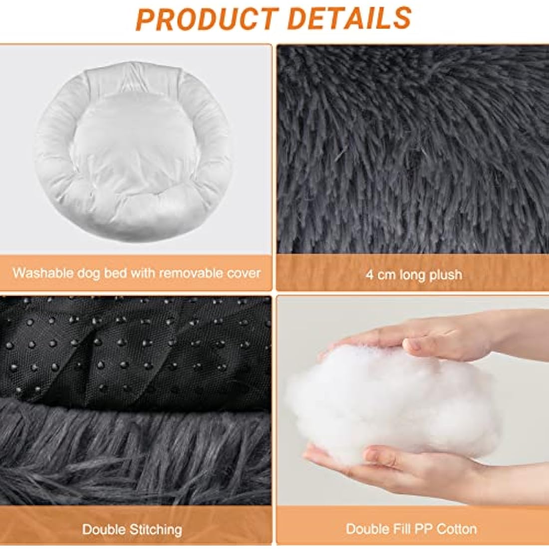 Moistu Calming Dog Bed with Removable Cover: Washable Donut Anti Anxiety Dog Beds - Soft Round Cuddler Cat Bed - Fluffy Plush Comfy Warm Puppy Pet Bed with Zip (Ø 80cm Outerdiameter (XL), Dark Grey)