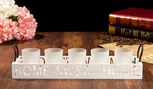 London Boutique Set 5 Tea Light Candle Holder Home Sweet Home with White Wooden Tray in Gift Box (Home Sweet Home Set 5)