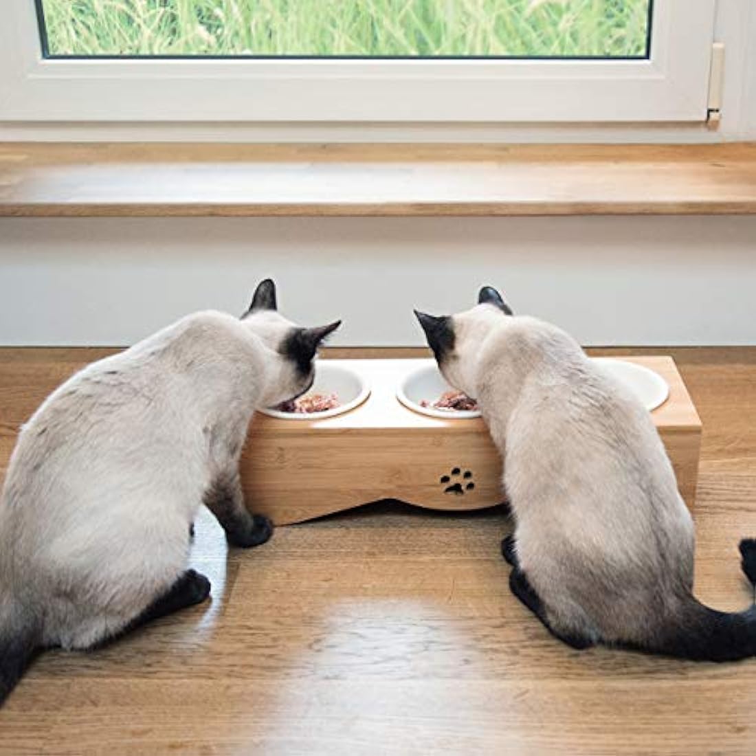 Navaris Raised Cat Bowls - Elevated Triple Cat Food Bowl Feeder - Ceramic Feeding Dishes with Bamboo Stand - 3 Dish Feeding Station Set with Printed Designs
