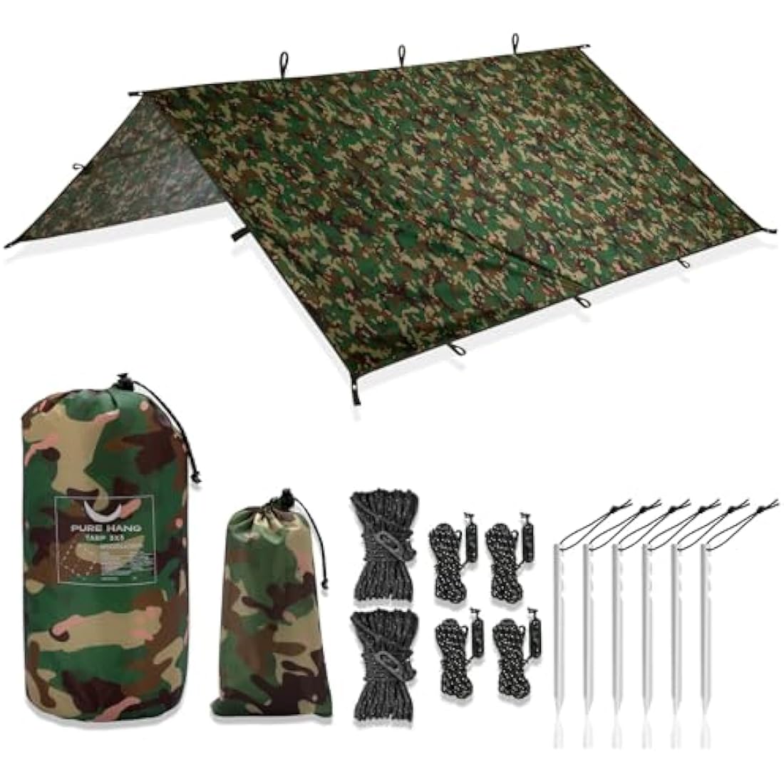 PURE HANG Rain Fly Tent Tarp Hammock 3m x 3m Waterproof Windproof UV Sunshade for Camping Shelter Canopy Camp Gear Outdoor Travel Snow - Lightweight Easy Setup Ripstop Nylon