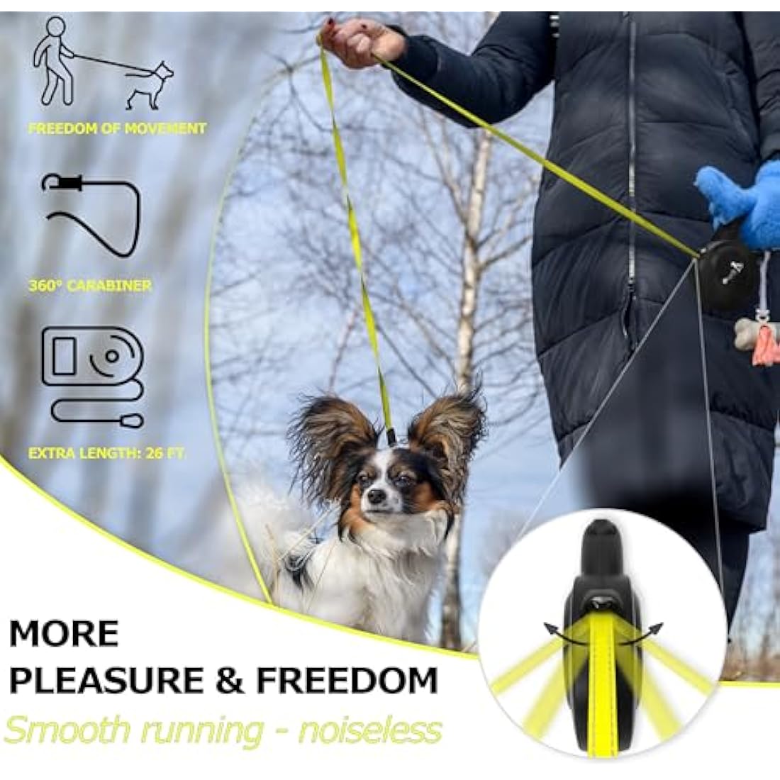 bluzelle 8m / 26ft Retractable Leash for Dogs up to 50kg / 110lbs, Bright Neon Yellow Reflector Nylon Belt with 360° Snap Hook Metal, Reliable Braking One-Hand Ergonomic Rubberized Handle, Black