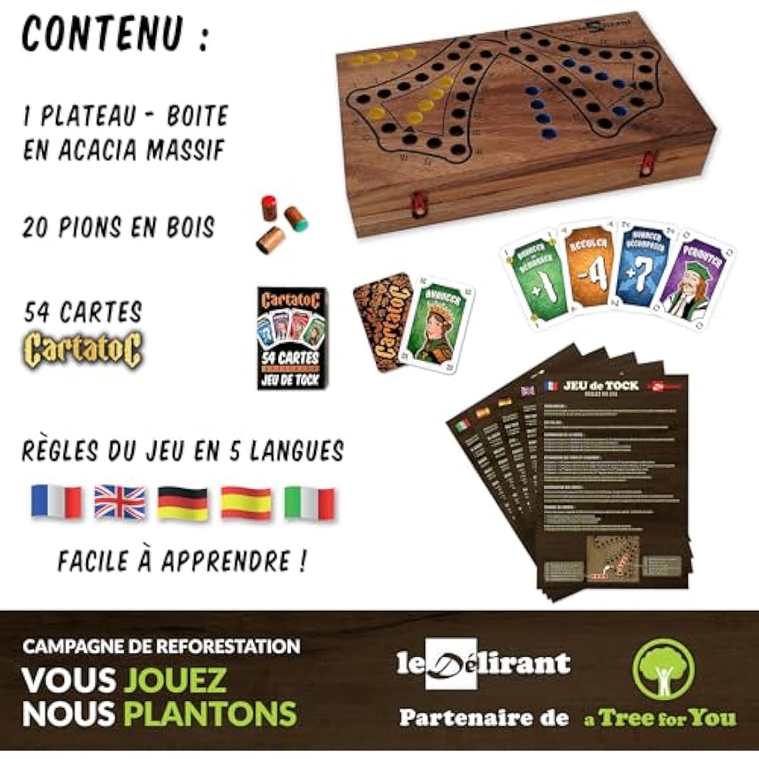 TOC 4 COLOUR BOARD GAME - TOCK. From 2 to 4 players from 7 yo, family strategy board game in eco-friendly solid wood - CE standards. Brand : le Délirant®, easy to store with reclosable board.