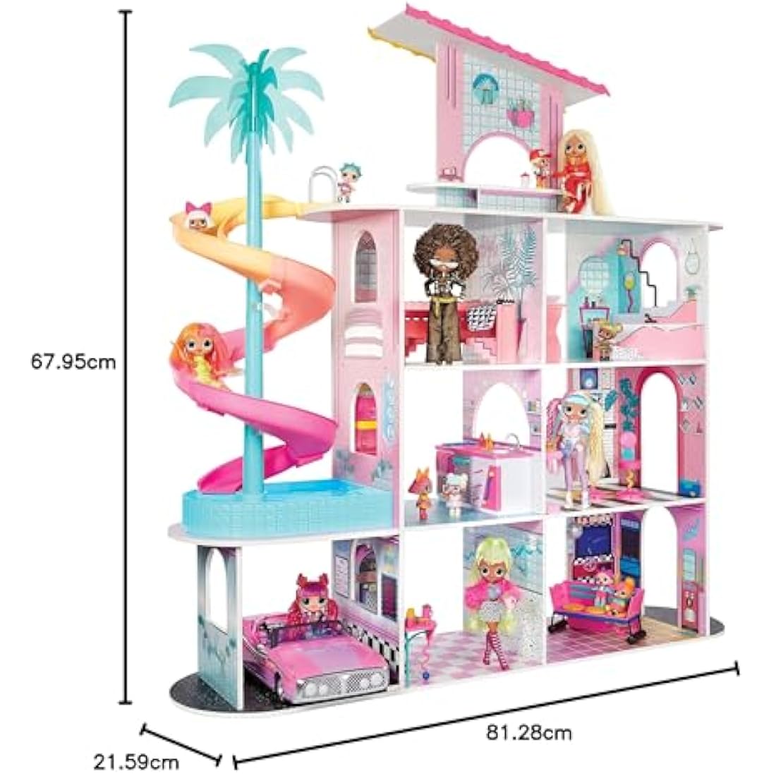 L.O.L. Surprise OMG Fashion House Playset with 85+ Surprises - Real Wood Doll House with Pool, Spiral Slide, Rooftop Patio, Cinema, Transforming Furniture, and more - Great for Kids Ages 4+