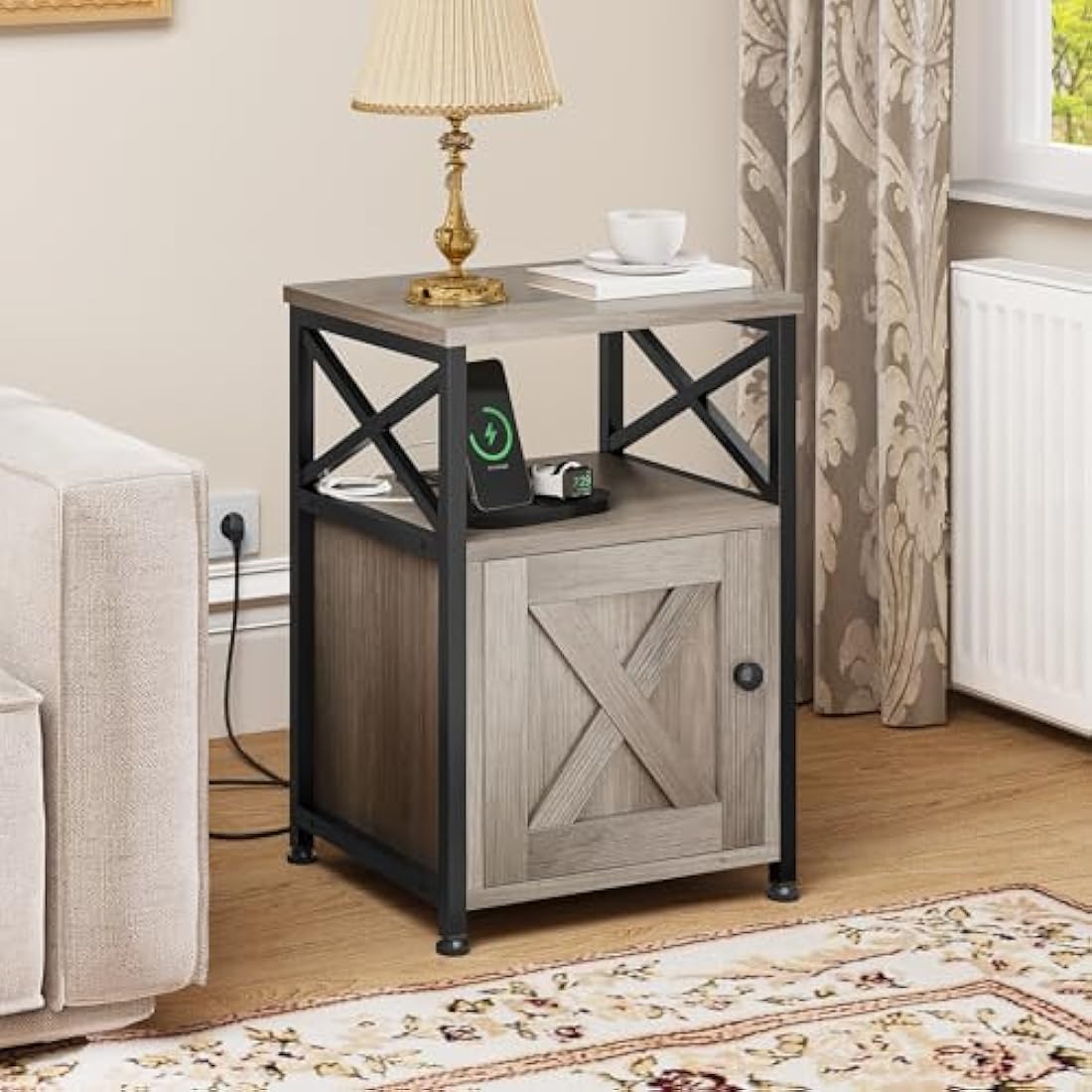 YITAHOME Side Table, Bedside Table with Storage Cabinet, X-Shaped Sofa End Table with Charging Station, 2 USB Ports & Power Outlets, Living Room Coffee Table, Metal Frame, Bedroom, Grey, 40x35x60cm