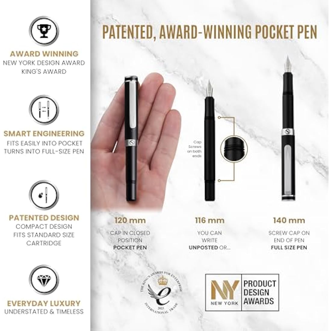 Scriveiner Luxury EDC Fountain Pen (Medium), Stunning Matt Black with Chrome Finish Pocket Pen with Genuine Schmidt Nib, Includes Converter and Spare Cartridges, Best Writing Gift Set for Men & Women